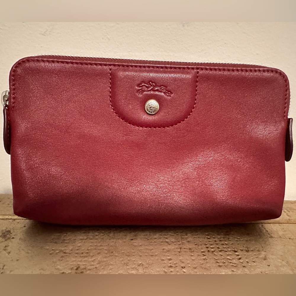 Longchamp Le Pliage Cuir Leather Zip Pouch Clutch Cosmetic Bag Maroon
